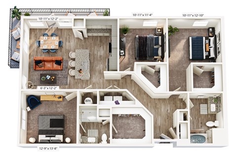 A floor plan of a two-bedroom apartment with dimensions.